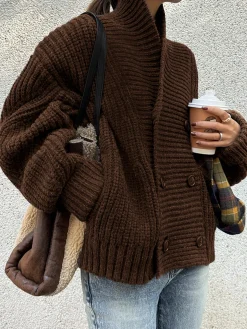 Ribbed Lapel Button Knit Outerwear