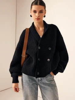 Ribbed Lapel Button Knit Outerwear