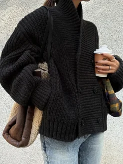 Ribbed Lapel Button Knit Outerwear