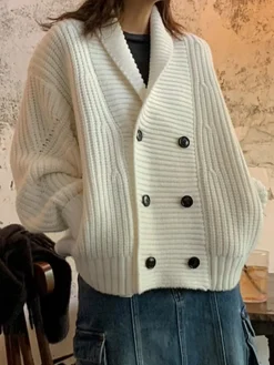 Ribbed Lapel Button Knit Outerwear