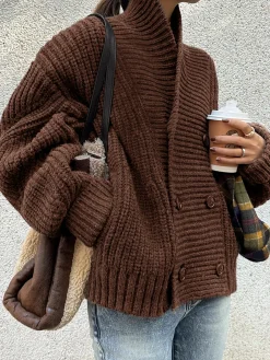 Ribbed Lapel Button Knit Outerwear