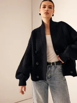 Ribbed Lapel Button Knit Outerwear