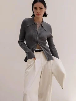 Ribbed Lapel Slim Cardigan