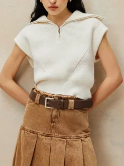 Ribbed Lapel Zipper Sweater Vest