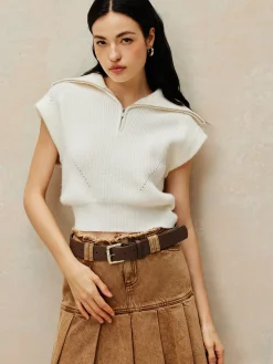 Ribbed Lapel Zipper Sweater Vest