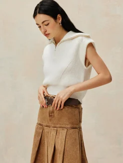 Ribbed Lapel Zipper Sweater Vest