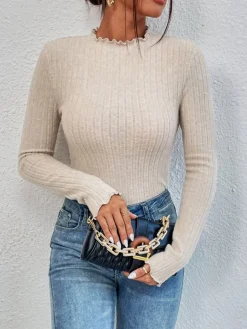 Ribbed Lettuce Trim Slim Bodysuit