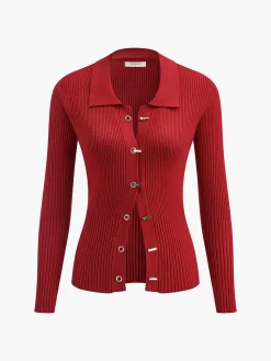 Ribbed Metal Design Polo Cardigan