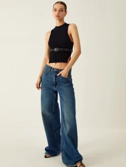 Ribbed Mock Neck Tank Top With Leather Belt