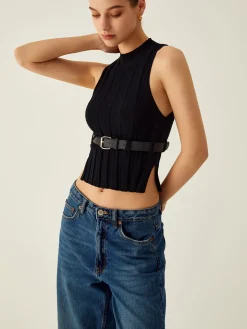 Ribbed Mock Neck Tank Top With Leather Belt