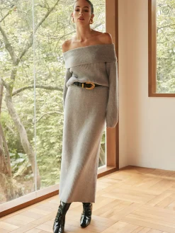Ribbed Off-Shoulder Sweater Co-ords Without Belt