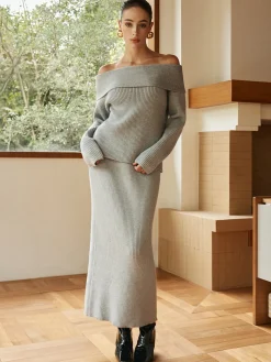 Ribbed Off-Shoulder Sweater Co-ords Without Belt
