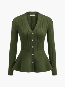 Ribbed Panel Bud Waist Button Knit Top