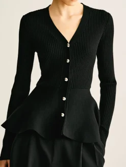 Ribbed Panel Bud Waist Button Knit Top