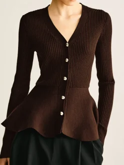 Ribbed Panel Bud Waist Button Knit Top