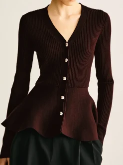 Ribbed Panel Bud Waist Button Knit Top