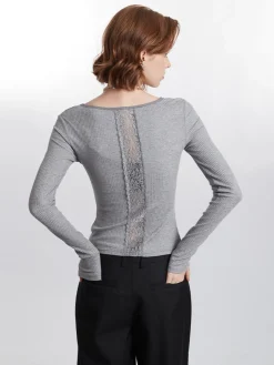 Ribbed Panel Lace Slim Blouse
