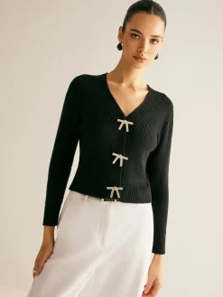 Ribbed Rhinestone Bow Slim Cardigan