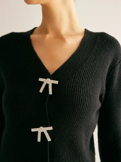 Ribbed Rhinestone Bow Slim Cardigan