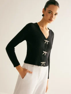Ribbed Rhinestone Bow Slim Cardigan