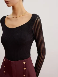 Ribbed Sheer Sleeve Sweater