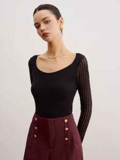 Ribbed Sheer Sleeve Sweater