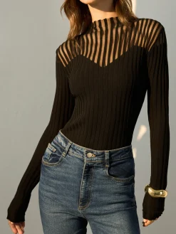 Ribbed Sheer-Shoulder Knit Top