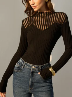 Ribbed Sheer-Shoulder Knit Top