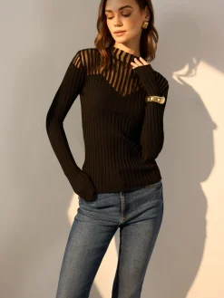 Ribbed Sheer-Shoulder Knit Top