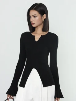 Ribbed Split Ruffle Knit Top