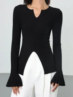 Ribbed Split Ruffle Knit Top