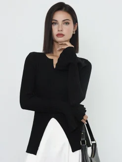 Ribbed Split Ruffle Knit Top
