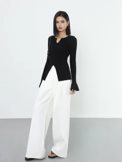 Ribbed Split Ruffle Knit Top