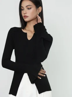 Ribbed Split Ruffle Knit Top