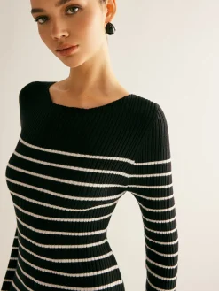 Ribbed Striped Panel Sweater Dress