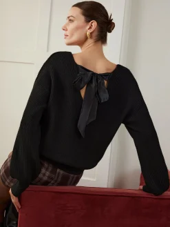 Ribbed V-Neck Bow Sweater
