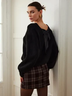 Ribbed V-Neck Bow Sweater