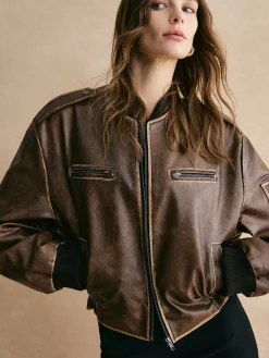 Ribbed-Cuff Zipper PU Leather Jacket