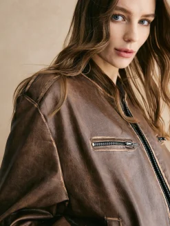 Ribbed-Cuff Zipper PU Leather Jacket