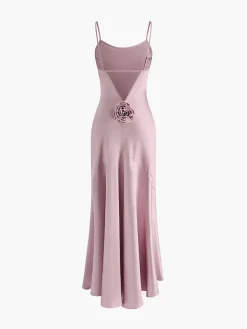 Rosette Pleated Backless Cami Long Dress