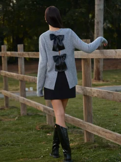 Round Neck Bow-Decor Sweater