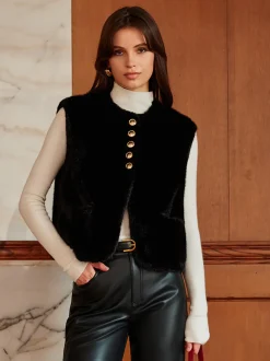 Round Neck Button Faux Fur Vest