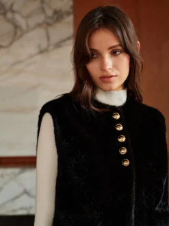 Round Neck Button Faux Fur Vest