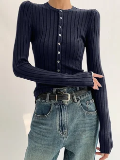 Round Neck Button Skinny Knit Top