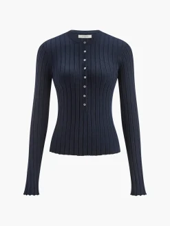 Round Neck Button Skinny Knit Top