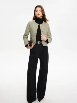 Round Neck Pockets Tweed Jacket