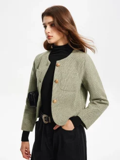 Round Neck Pockets Tweed Jacket