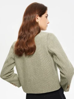 Round Neck Pockets Tweed Jacket
