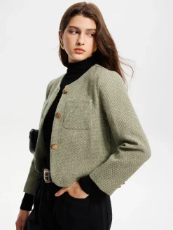 Round Neck Pockets Tweed Jacket