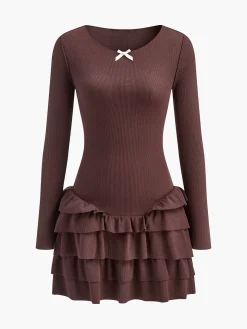 Round Neck Ruffle Slim Knit Dress